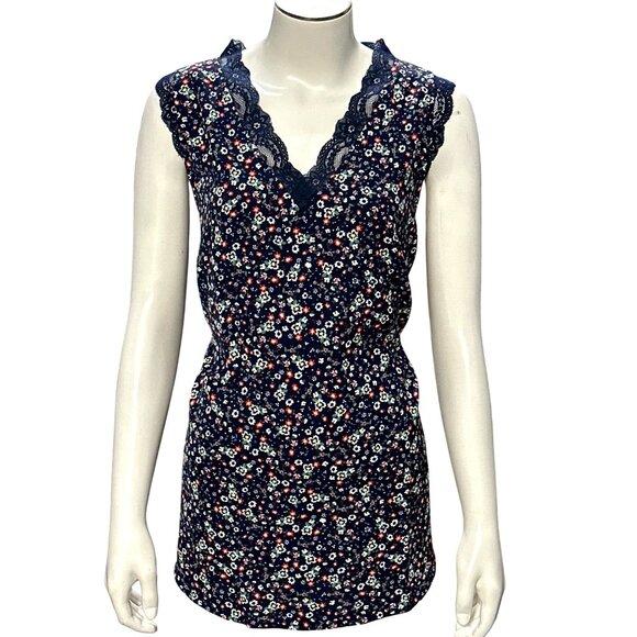 CCC Floral Sleeveless Blouse With Lace Trim V Neck Navy Size XL - Picture 1 of 11